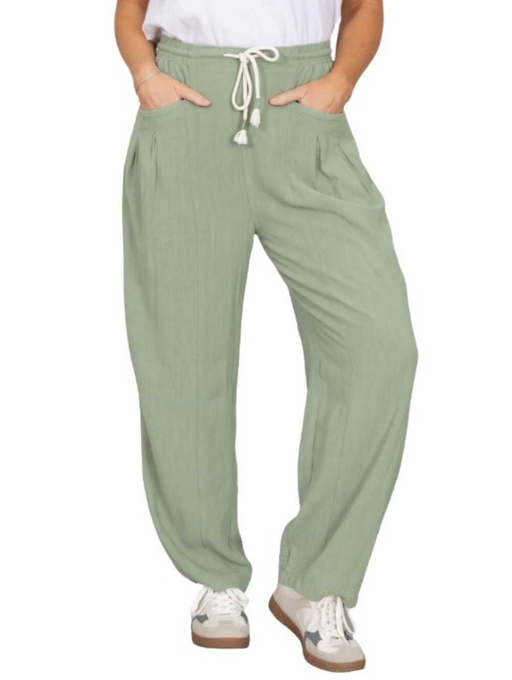 Anniewear Los Angeles Linen Blend Barrel Leg Tie Waist Pants In Sage